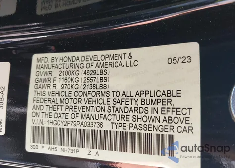2023 Honda Accord Hybrid Sport-L z USA, uszkodzony, nr VIN 1HGCY2F79PA033736